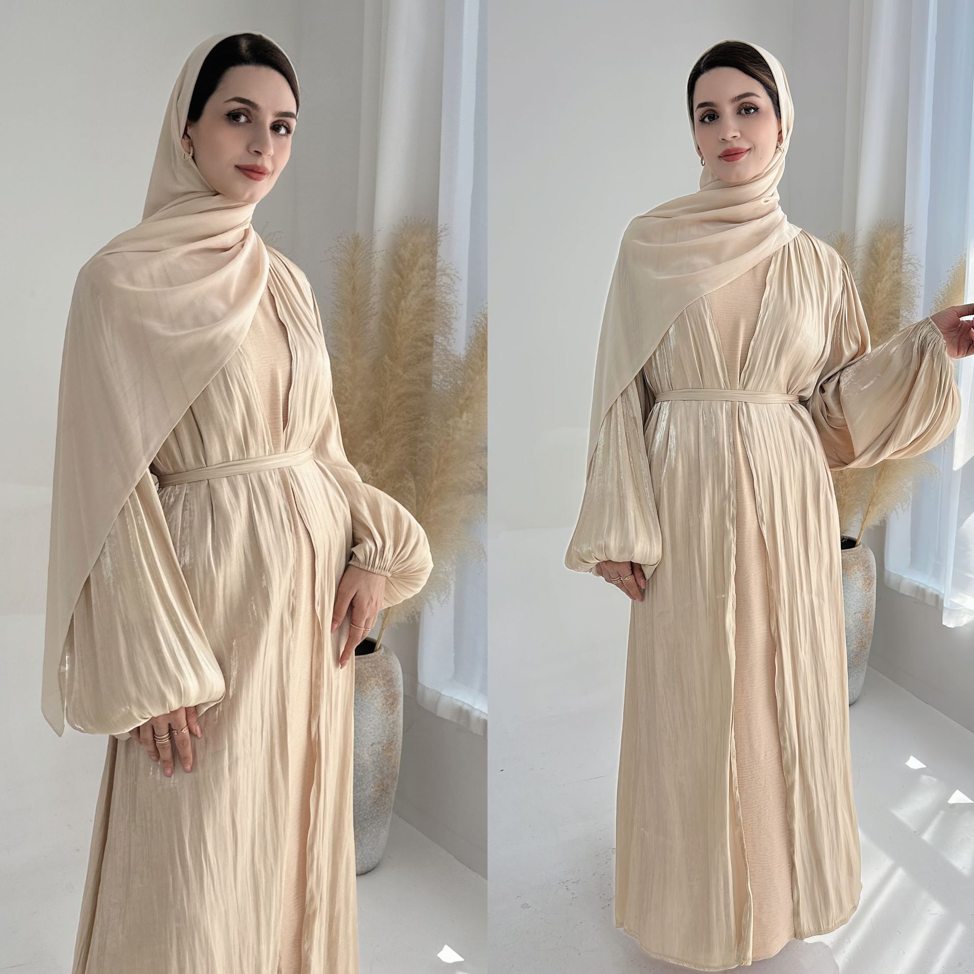 2024 Wholesale Turkish Luxury Modest Dubai Abaya Balloon Sleeve Women Muslim Dress Robe Shining Satin Silk Open Kimono Abaya