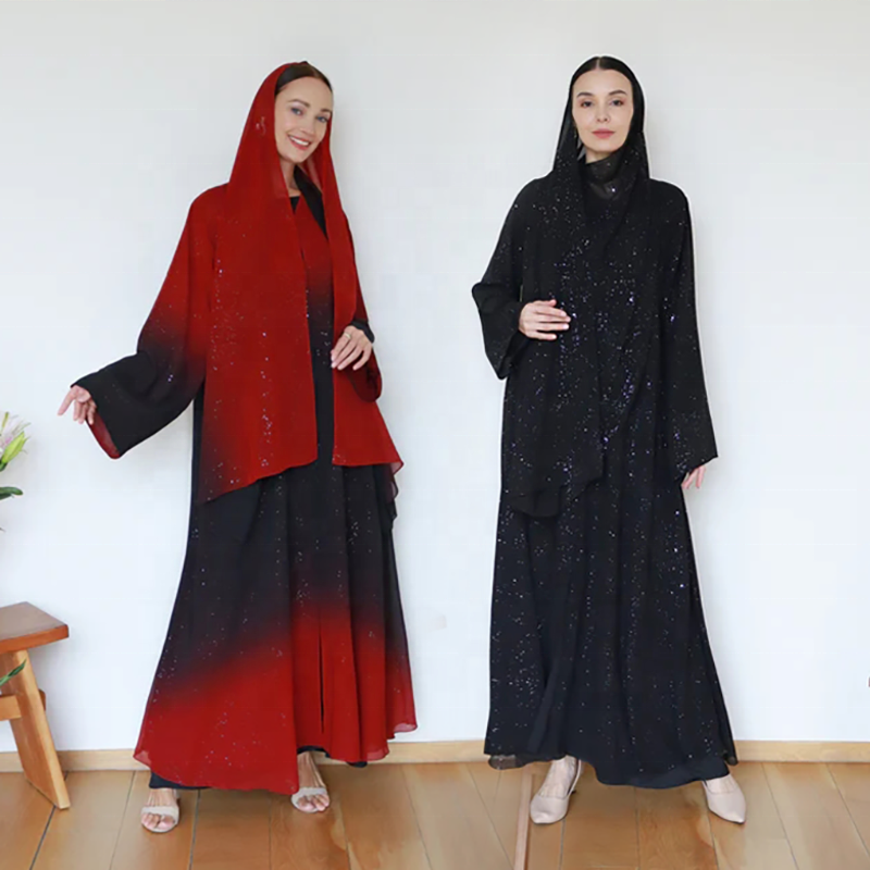 2024 Modest Luxury Dubai Abaya Turkish Women Muslim Dress Glitter Chiffon Kimono Tie Dye Najma Ombre Abaya Matching Hijab Set