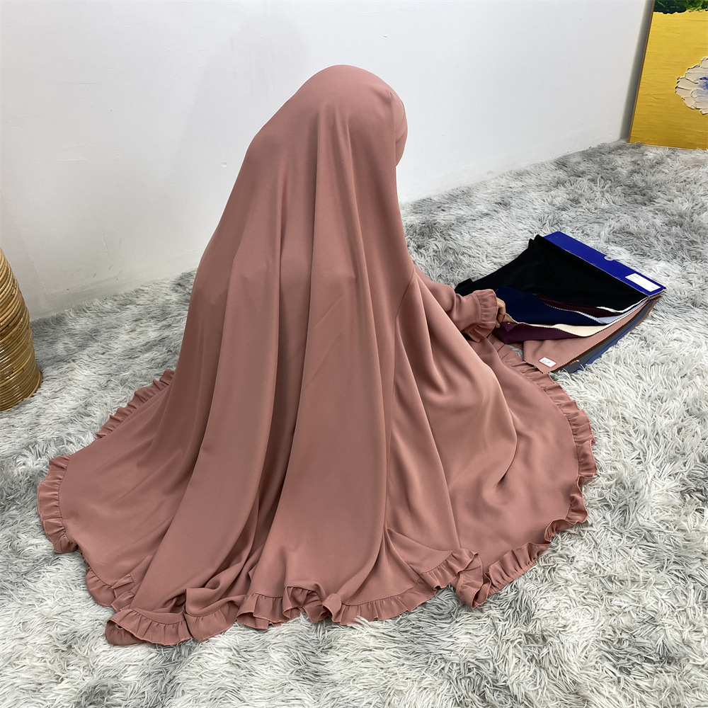 2024 Wholesale EID Ramadan Overhead Tie Back Plain Prayer Scarf Muslim Women Hijab Nida Ruffles Hem Long Niqab Jilbab Khimar