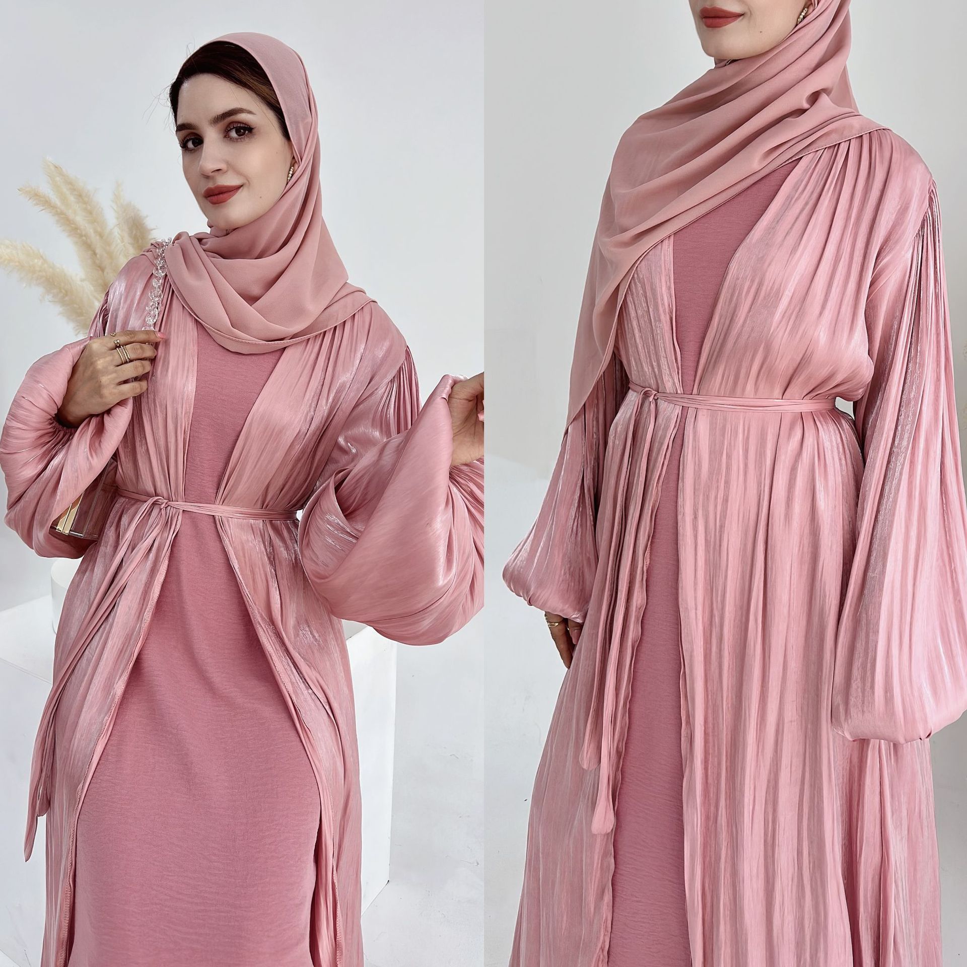 2024 Wholesale Turkish Luxury Modest Dubai Abaya Balloon Sleeve Women Muslim Dress Robe Shining Satin Silk Open Kimono Abaya