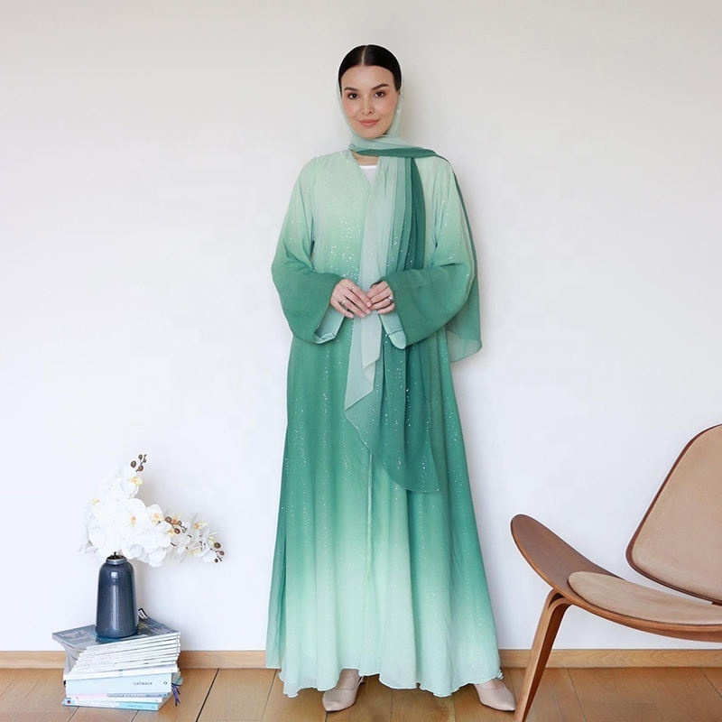 Latest Design Modest Luxury Dubai Abaya Turkish Women Muslim Dress Glitter Chiffon Kimono Matching Hijab Set Najma Ombre Abaya