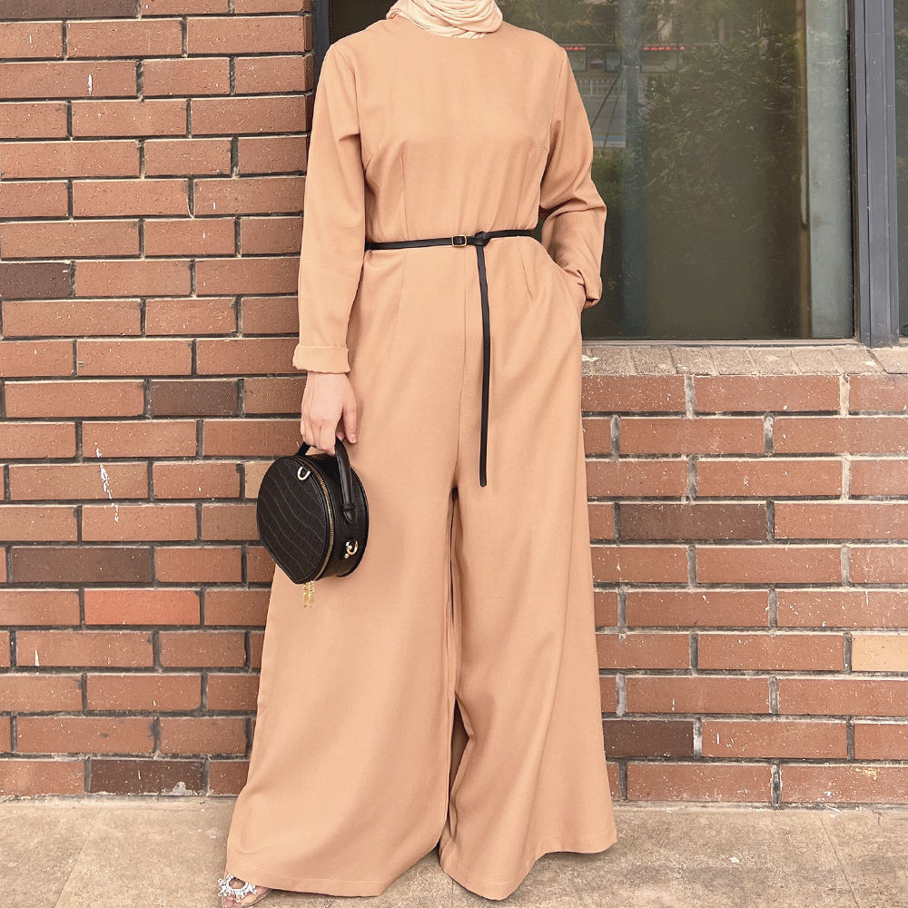 2023 Wholesale NEW Fashion Elegant Modest Simple Plain Color Islamic Clothing One-Piece Muslim Women Inner Abaya Jumpsuit