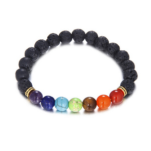 Hamoery Men Women 8mm Lava Stone Rock 7 Chakra Beads Elastic Yoga Bracelet