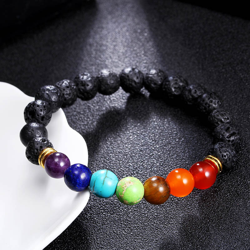 Hamoery Men Women 8mm Lava Stone Rock 7 Chakra Beads Elastic Yoga Bracelet