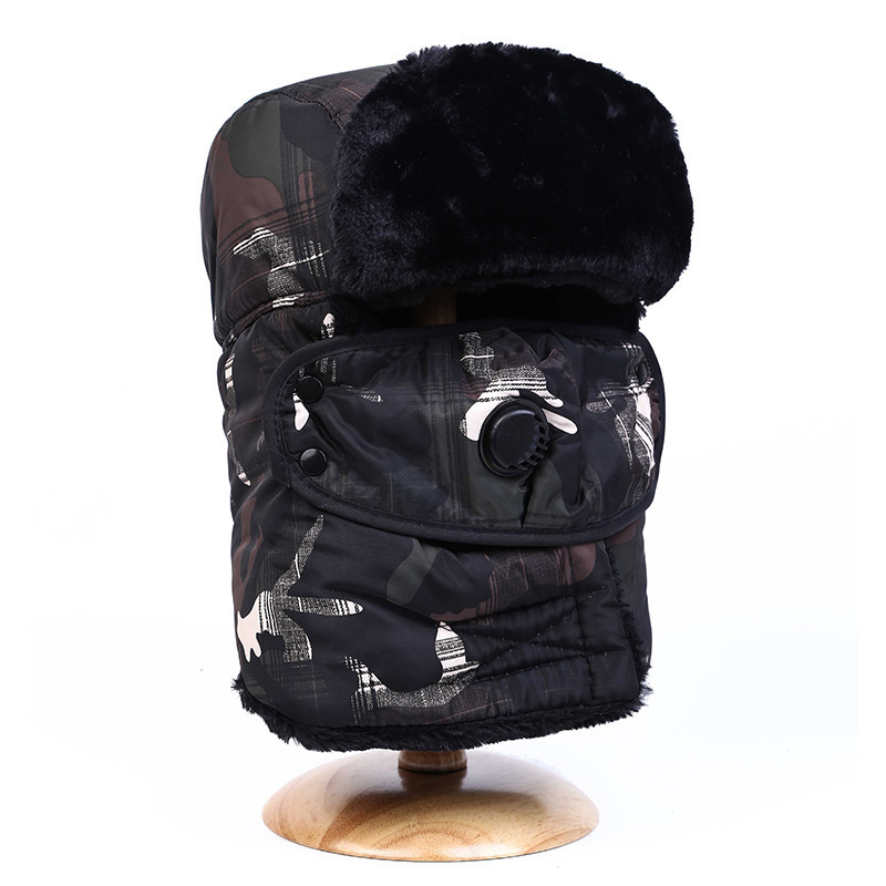 Wool Motorcycle Riding Cagoule Face Lei Feng Hat Camouflage Faux Fur Winter Ski Mask Cold-Proof Trapper Hat Ears Flaps Cap