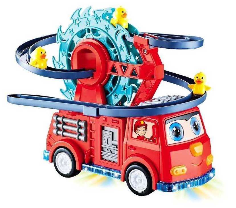 Hot selling fire rail car light music duck slide rotating ferris wheel universal Automatic obstacle avoidance car kids toy