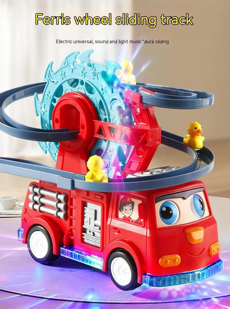 Hot selling fire rail car light music duck slide rotating ferris wheel universal Automatic obstacle avoidance car kids toy