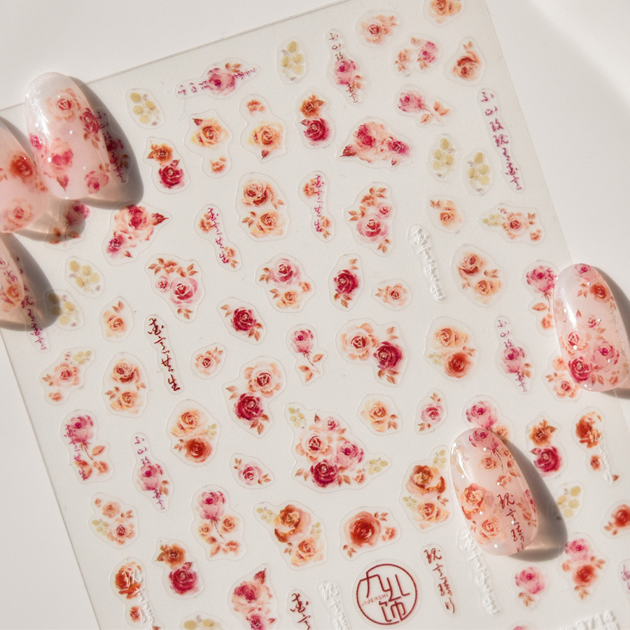 Factory nail sticker self-adhesive Spring flowers rose daisy tomoni 5d emboss sticker nail art decals