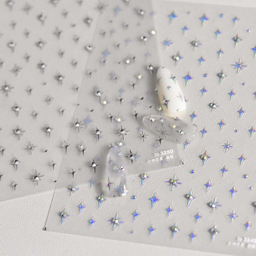 New arrival tomoni sticker adhesive 5d emboss crystal diamond silver metallic star nail decals