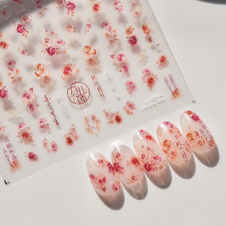 Factory nail sticker self-adhesive Spring flowers rose daisy tomoni 5d emboss sticker nail art decals