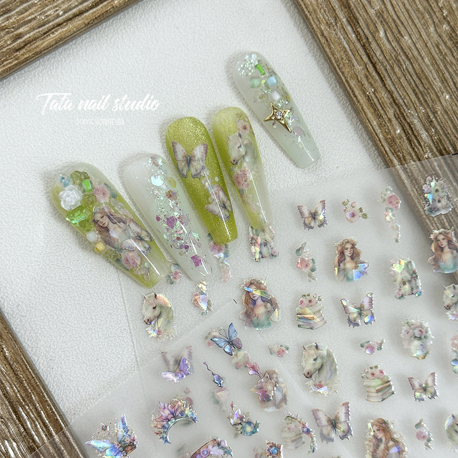 2023 New arrival nail sticker self-adhesive 5d sticker shiny aurora  Shell light butterfly moon star nail art decals