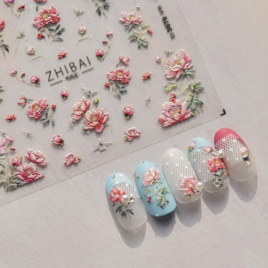 Factory nail sticker self-adhesive Spring flowers tomoni 5d emboss sticker nail art decals