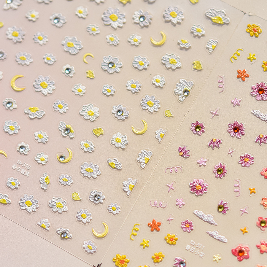 Factory nail sticker self-adhesive Spring flowers rose daisy tomoni 5d emboss sticker nail art decals