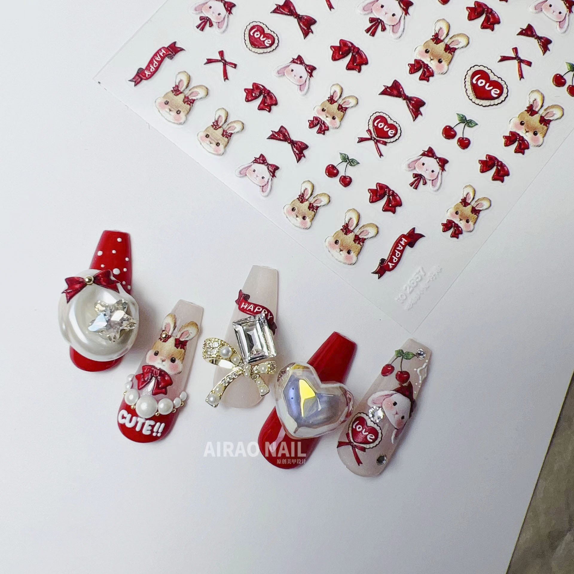 Wholesale Nail art sticker 5d emboss sticker cute  bunny gold pink butterfly flowers nail art decoration