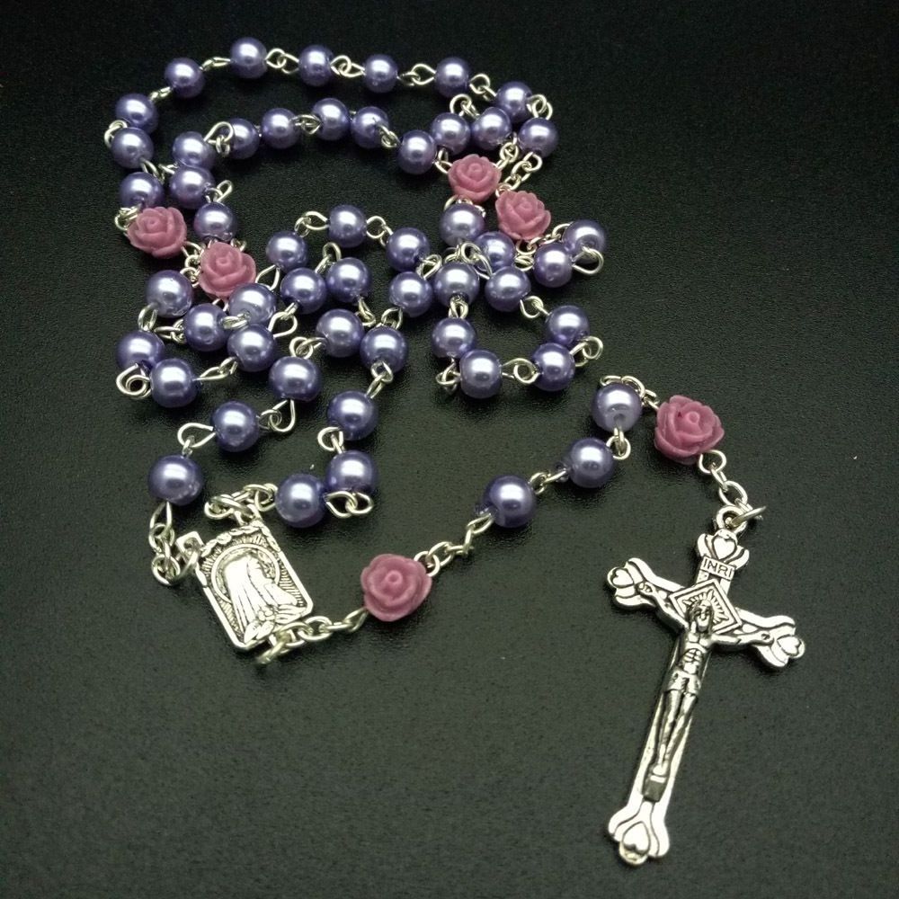 Popular Hot Sale Cross Rosary Necklace Glass Rose Christian Prayer Round Beads Catholic Rosaries