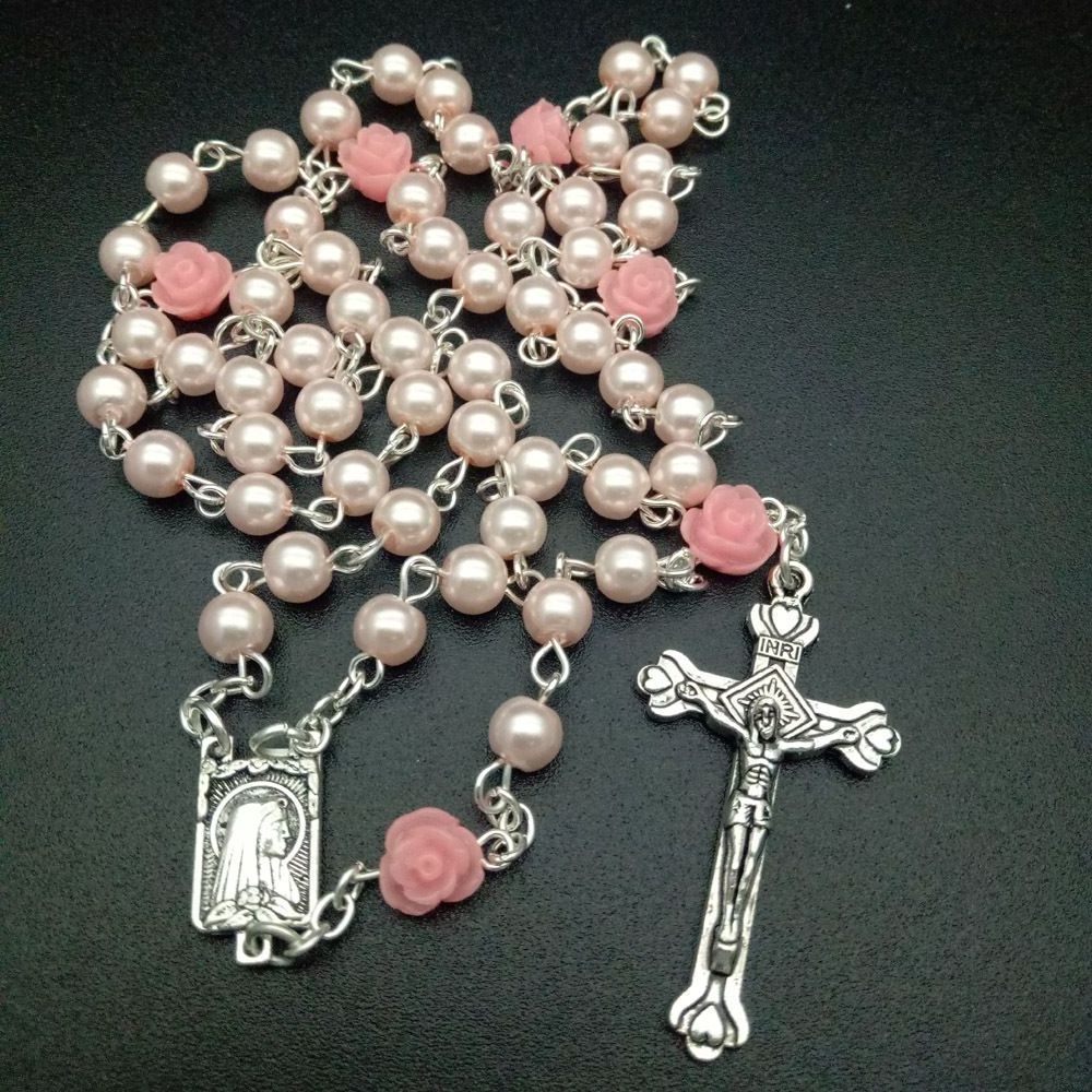 Popular Hot Sale Cross Rosary Necklace Glass Rose Christian Prayer Round Beads Catholic Rosaries