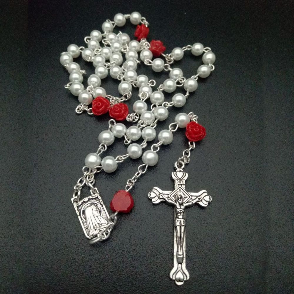 Popular Hot Sale Cross Rosary Necklace Glass Rose Christian Prayer Round Beads Catholic Rosaries