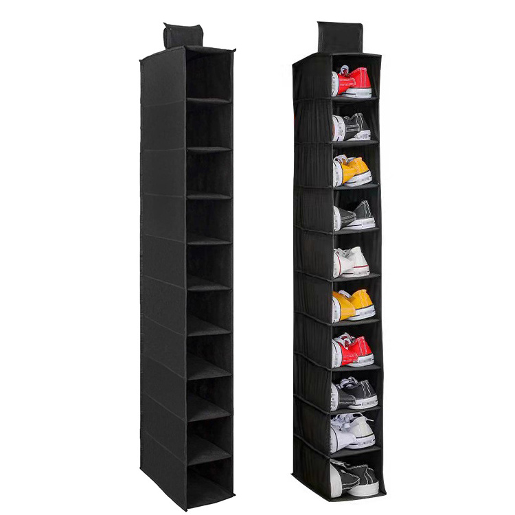 10 Layers Hanging Shoe Organizer For Wardrobe Closet Sundries Storage Organiser Foldable  Fabric Shoes Rack With Pockets Hooks