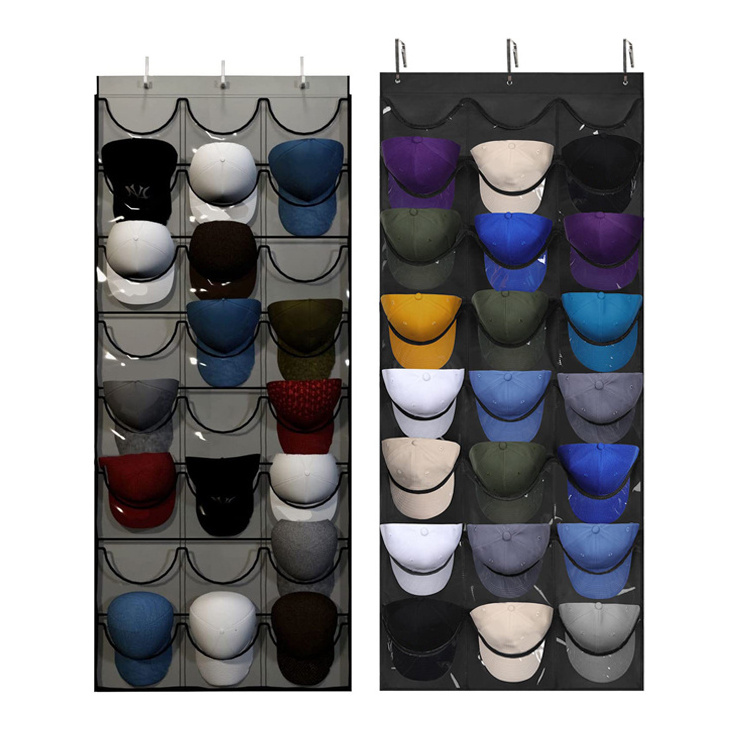 Hanging Hat Storage Organiser With 24 / 27 Clear Pockets 3 Hooks Over The Door Large Hat Rack Behind Door Baseball Organizer