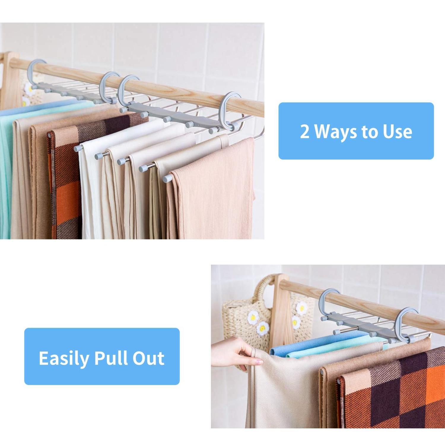 Space Saving Pants Hangers,Non-Slip Clothes Organizer 5 Layered Pants Rack for Jeans Trousers,Retractable  Multi Pants Clothes