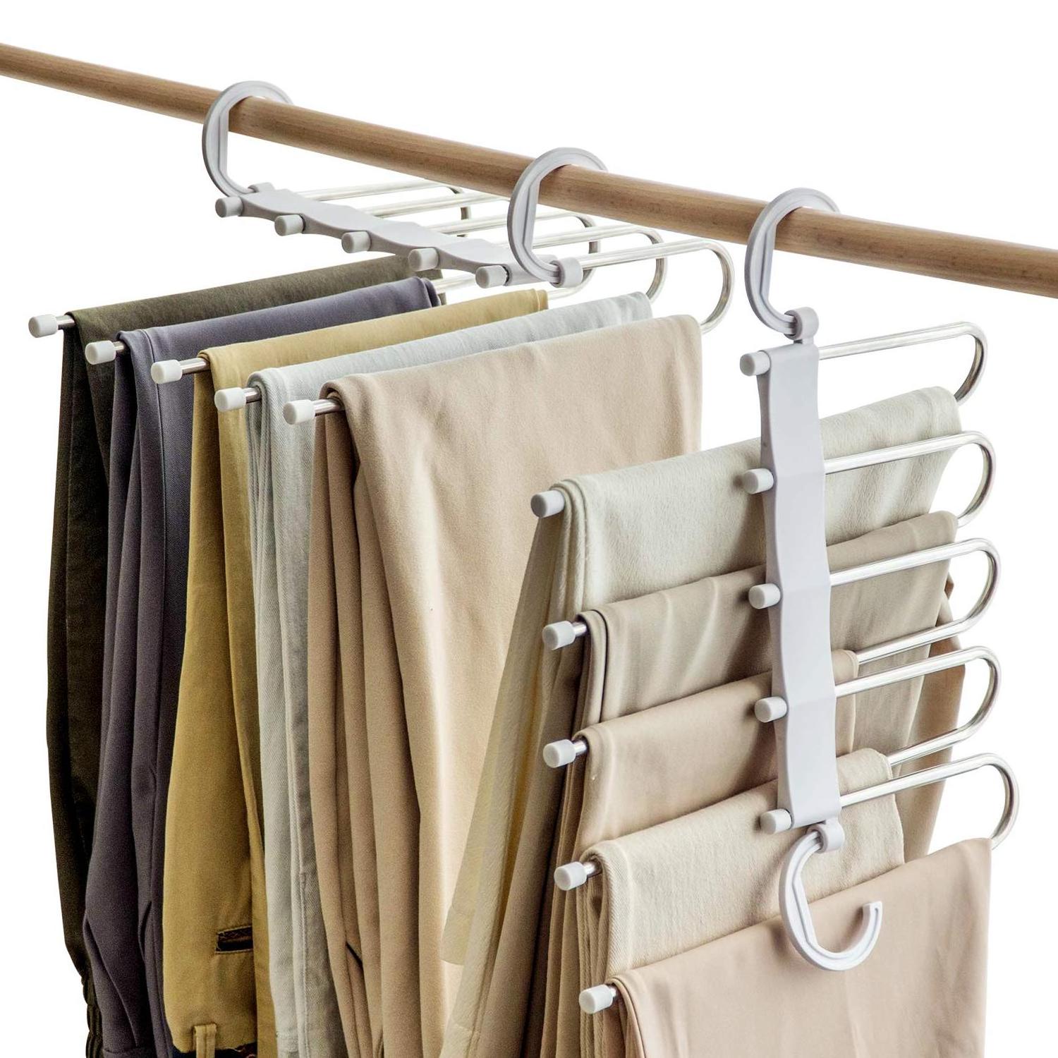 Space Saving Pants Hangers,Non-Slip Clothes Organizer 5 Layered Pants Rack for Jeans Trousers,Retractable  Multi Pants Clothes