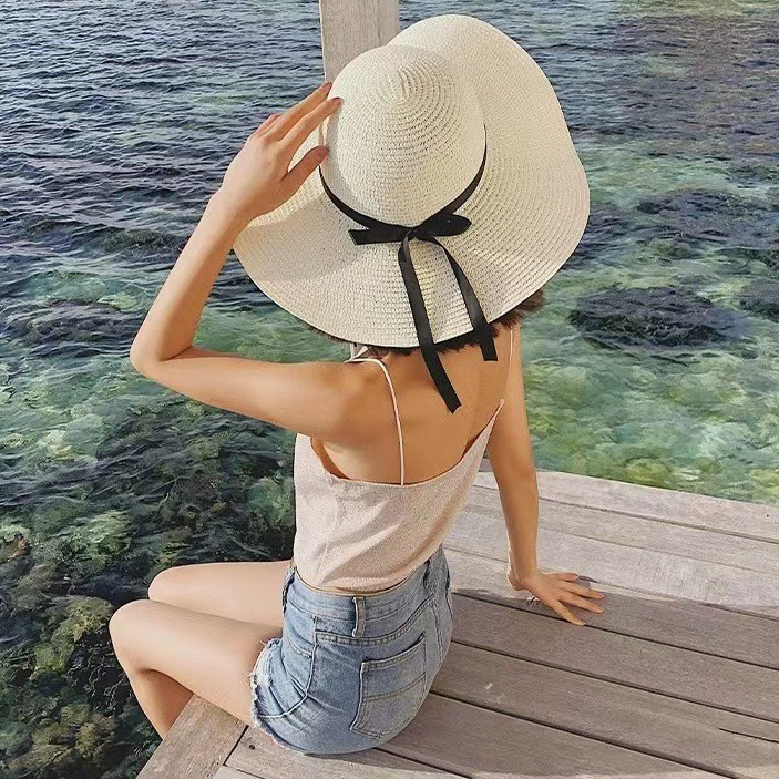 Sun Straw Hat Wide Brim Summer Foldable Roll Up Floppy Beach Hats for Women Adjustable Strap Vacation Sun Hat