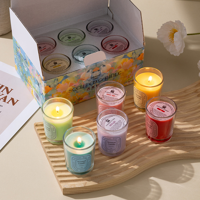 SuXiu OEM  glass colored wax scented candle Processing customized plant soy wax scented candle with hand gift