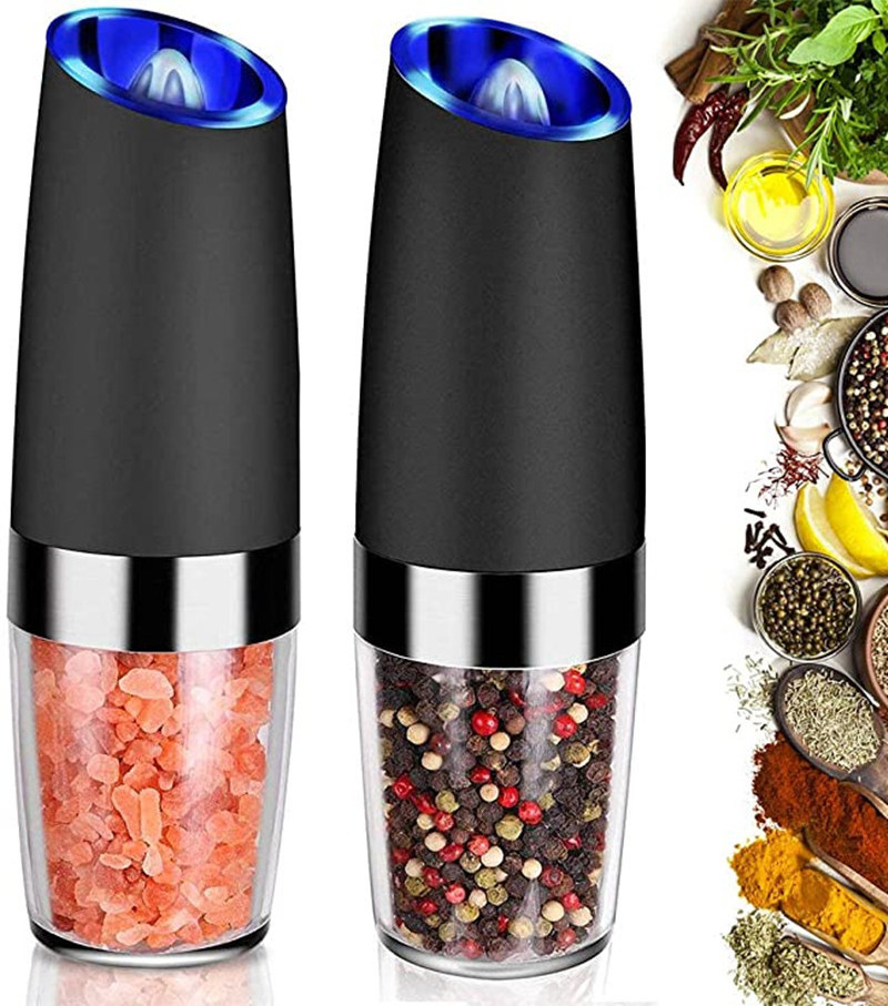 Pepper Mill Battery Operated LED Light Gravity  Electric Salt Mill Black Color Coffee Grinder