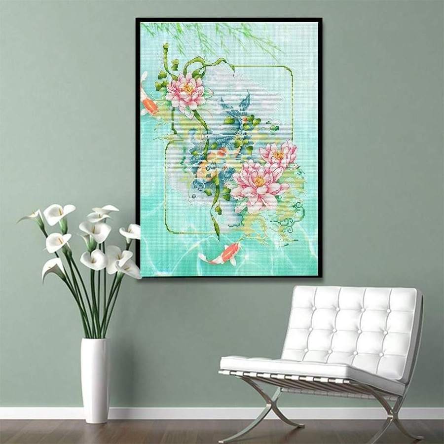 Cross Stitch Animal Series Creative Model Fish Playing Lotus Art Background Handmade Embroidery Decorative Painting Kit