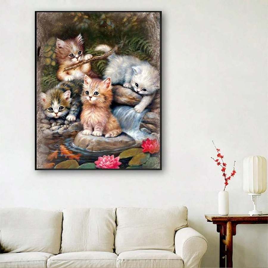 Cross Stitch Animal Landscape Series Cute Kitten Keeping Together Background Decorative Painting Handmade Embroidery Kit