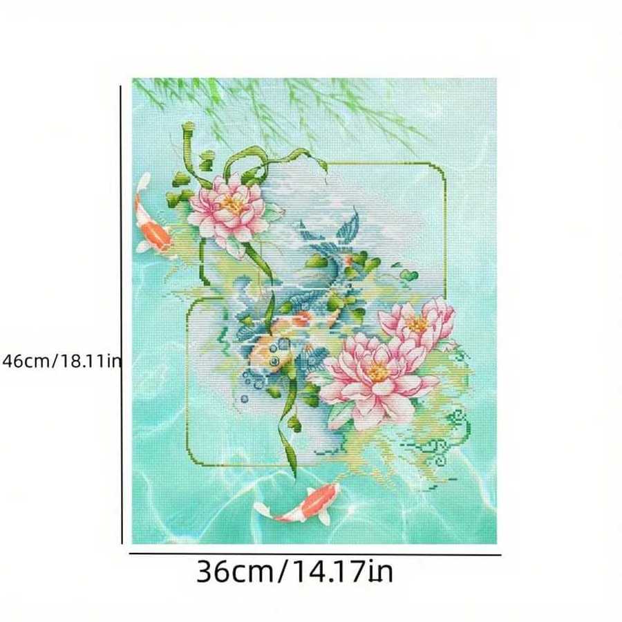 Cross Stitch Animal Series Creative Model Fish Playing Lotus Art Background Handmade Embroidery Decorative Painting Kit