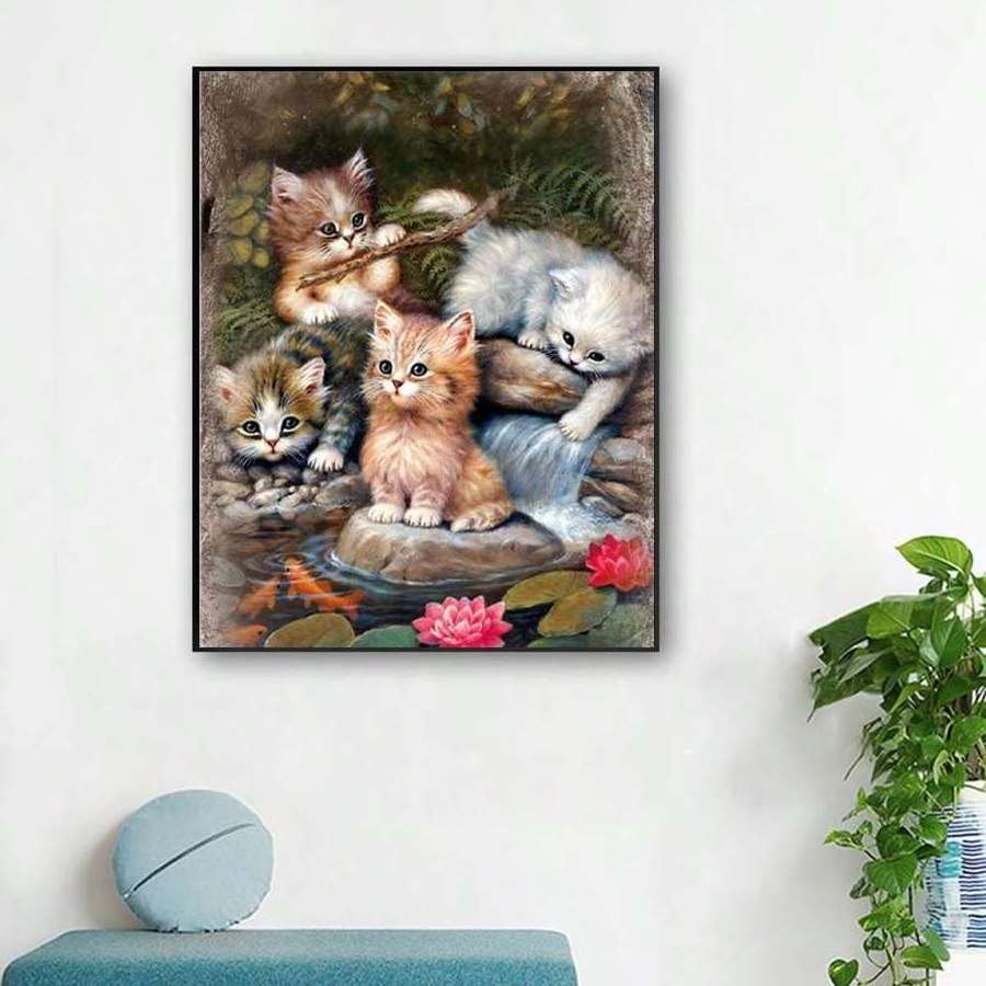 Cross Stitch Animal Landscape Series Cute Kitten Keeping Together Background Decorative Painting Handmade Embroidery Kit