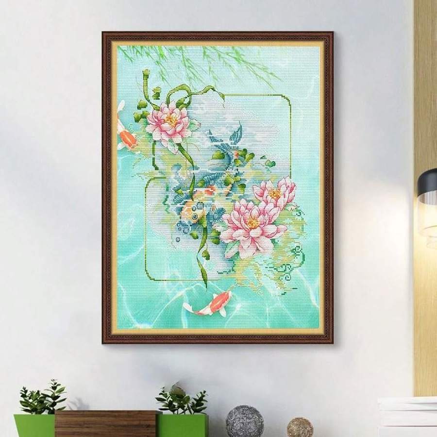 Cross Stitch Animal Series Creative Model Fish Playing Lotus Art Background Handmade Embroidery Decorative Painting Kit