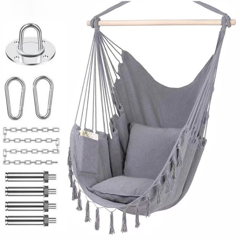 Hammock Chair Swing with Stand Adults Hanging Swing Rope Hammock for Outside 2 Cotton Cushions Garden Hanging Chairs