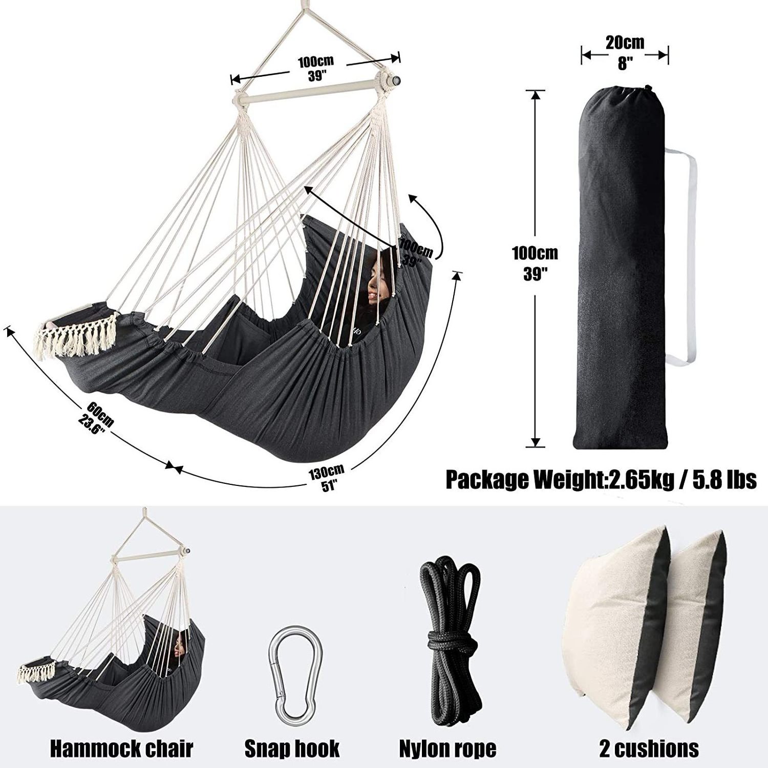 Hammock Chair Swing with Stand Adults Hanging Swing Rope Hammock for Outside 2 Cotton Cushions Garden Hanging Chairs