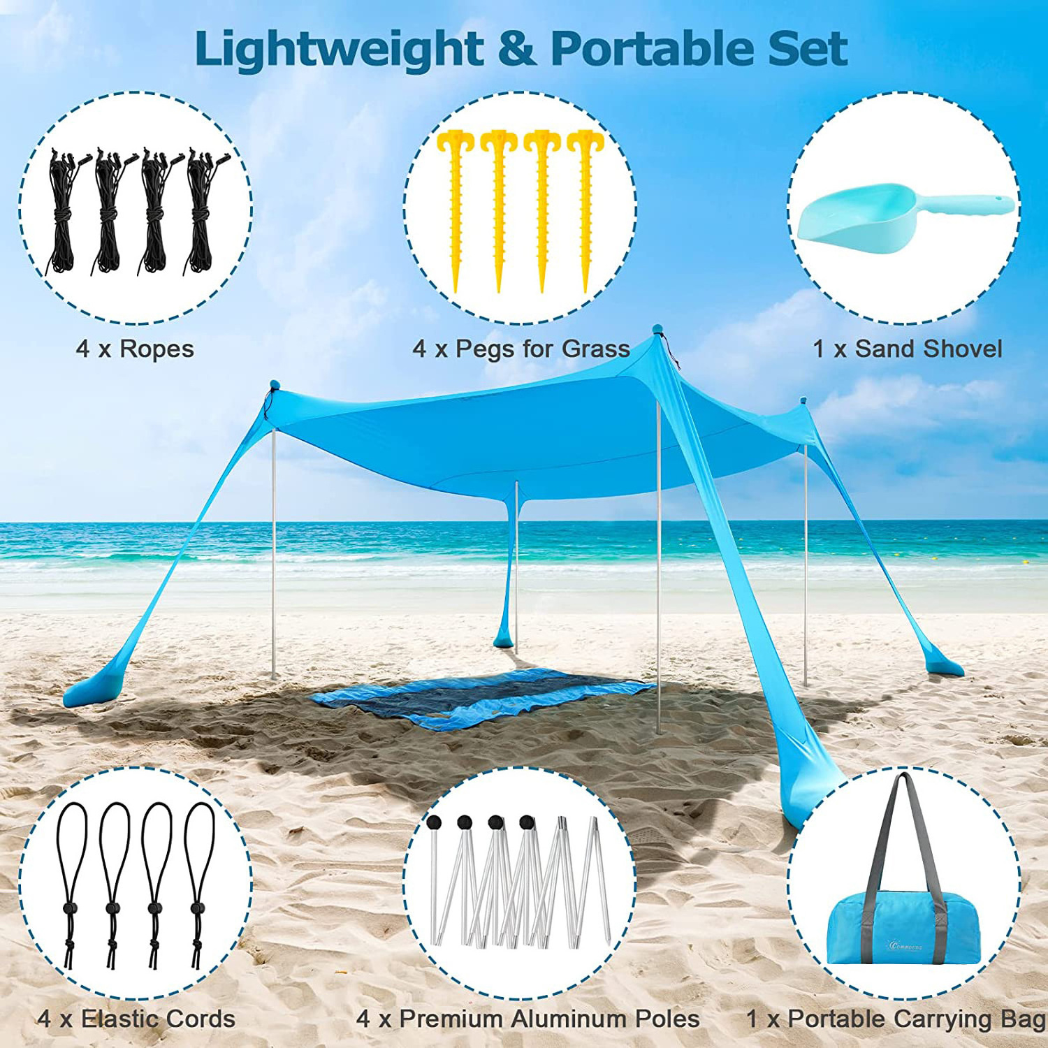 Summer Beach Tent Outdoor Sun Shelter Beach Shade Canopy Tent Easy Build Beach Tent with Carry Bag