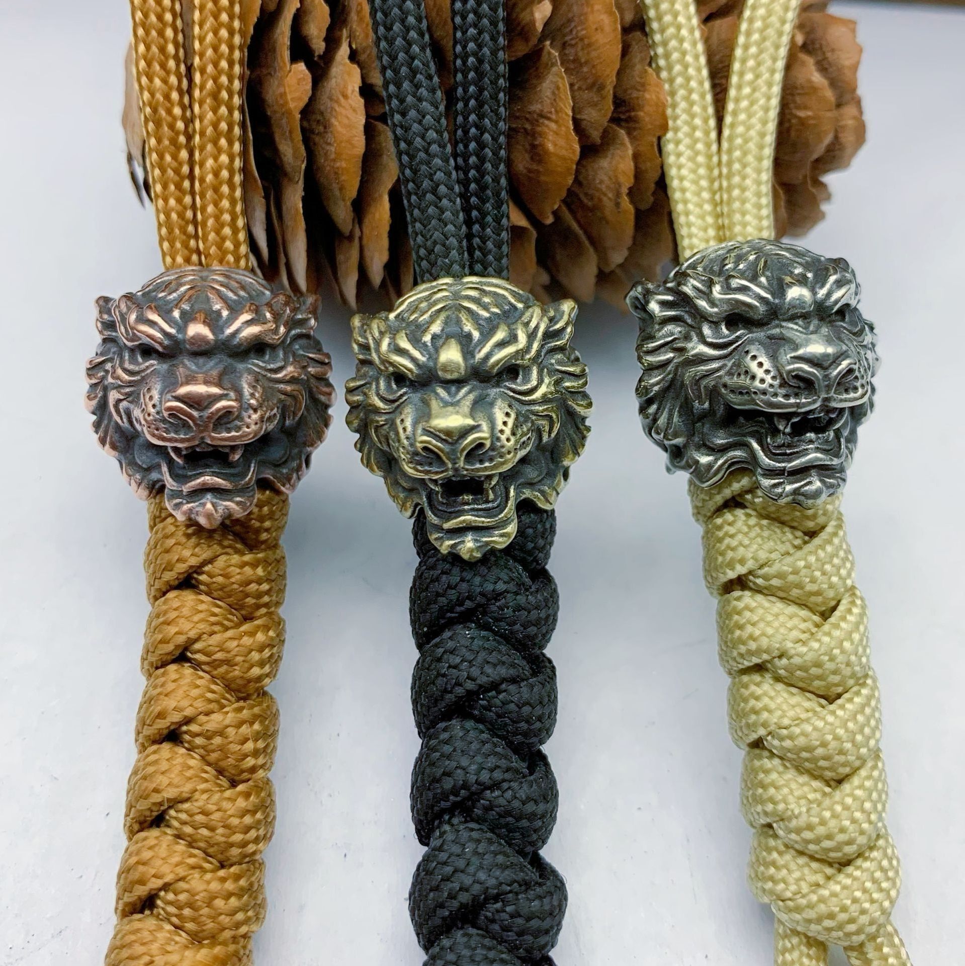 Retro Handmade Survival Golden Lion Dragon Copper Tongue Braided With Paracord Bracelet Clasp Buckles For Men