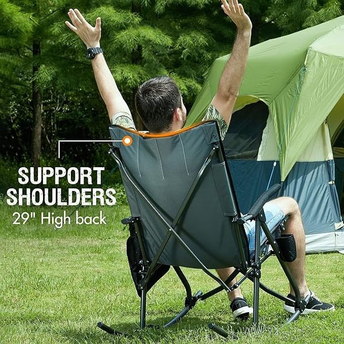 Custom Oversized Folding Rocking Camping Chair Portable Outdoor Rocker with High Back Hard Armrests Carry Bag