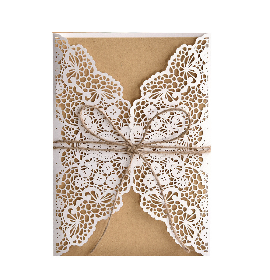 Latest beige gold laser cut hollow out wedding invitation cards with hemp rope