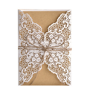 Latest beige gold laser cut hollow out wedding invitation cards with hemp rope