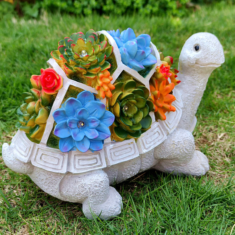 Solar Garden Outdoor Statues Turtle With Succulent And 7 LED Lights Craft Ornament For Patio Balcony Yard Lawn Garden Decor