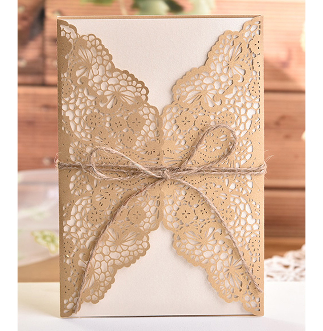 Latest beige gold laser cut hollow out wedding invitation cards with hemp rope