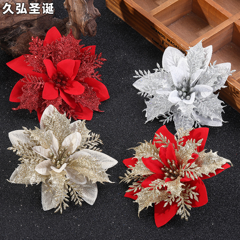 Glitter Christmas Hanging Ornaments Party Decorating Supplies Poinsettia Artificial Christmas Flower