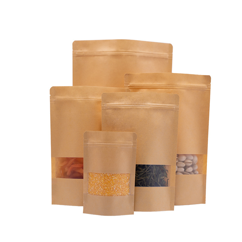 Biodegradable Recycled Customized Stand Up Pouches Dry Food Packaging Brown Kraft Paper Bags With Translucent Window