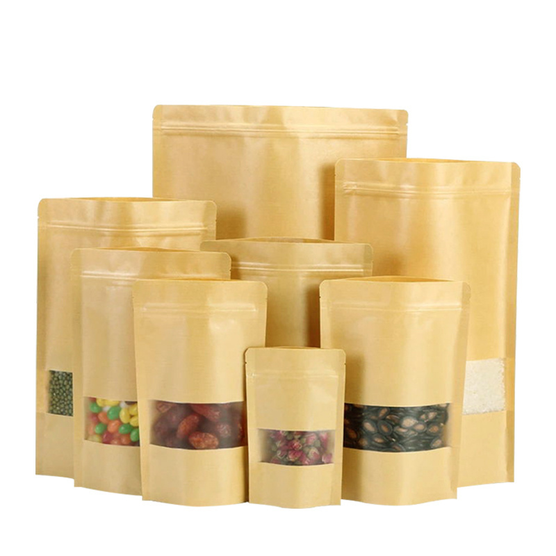 Biodegradable Recycled Customized Stand Up Pouches Dry Food Packaging Brown Kraft Paper Bags With Translucent Window