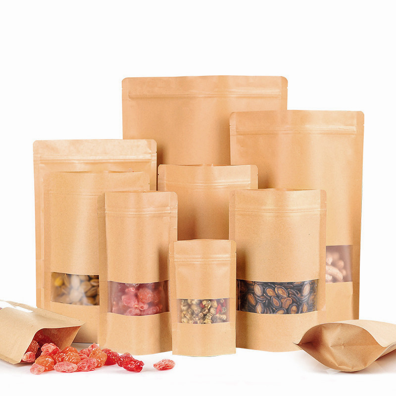 Biodegradable Recycled Customized Stand Up Pouches Dry Food Packaging Brown Kraft Paper Bags With Translucent Window