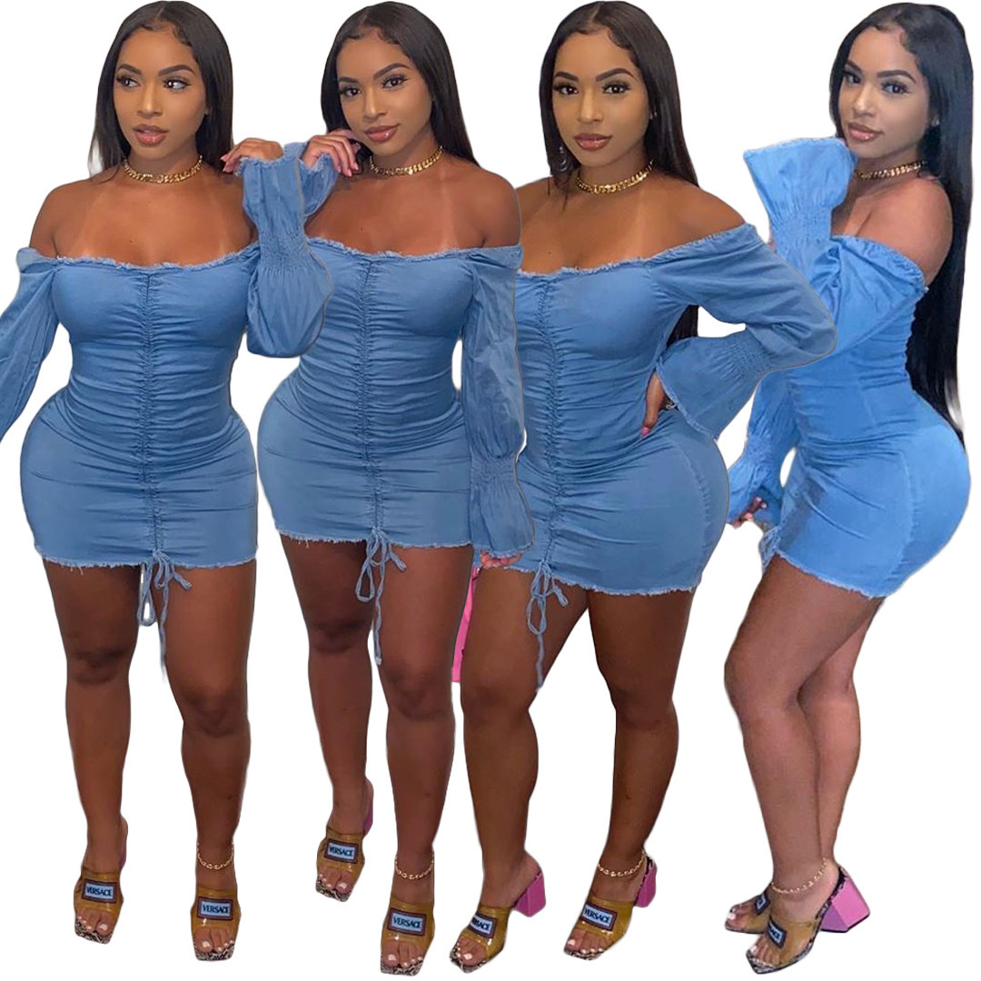 Think 2022 Hot Sale Denim Off Shoulder Stacke Ruched Flare Sleve Above Knee Dresses Drawstring Sexy Party Club Demin Dress Women