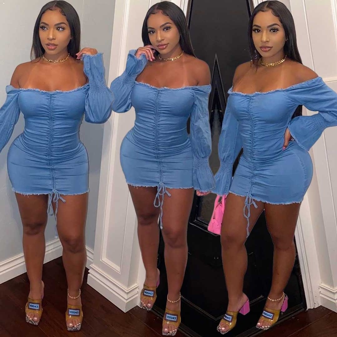 Think 2022 Hot Sale Denim Off Shoulder Stacke Ruched Flare Sleve Above Knee Dresses Drawstring Sexy Party Club Demin Dress Women