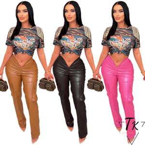 Think 2023 New Arrival Fashion Black Pink Khaki Stretch Tight Fit With Pocket Low Waist Straight Faux Leather Cargo Pants Women