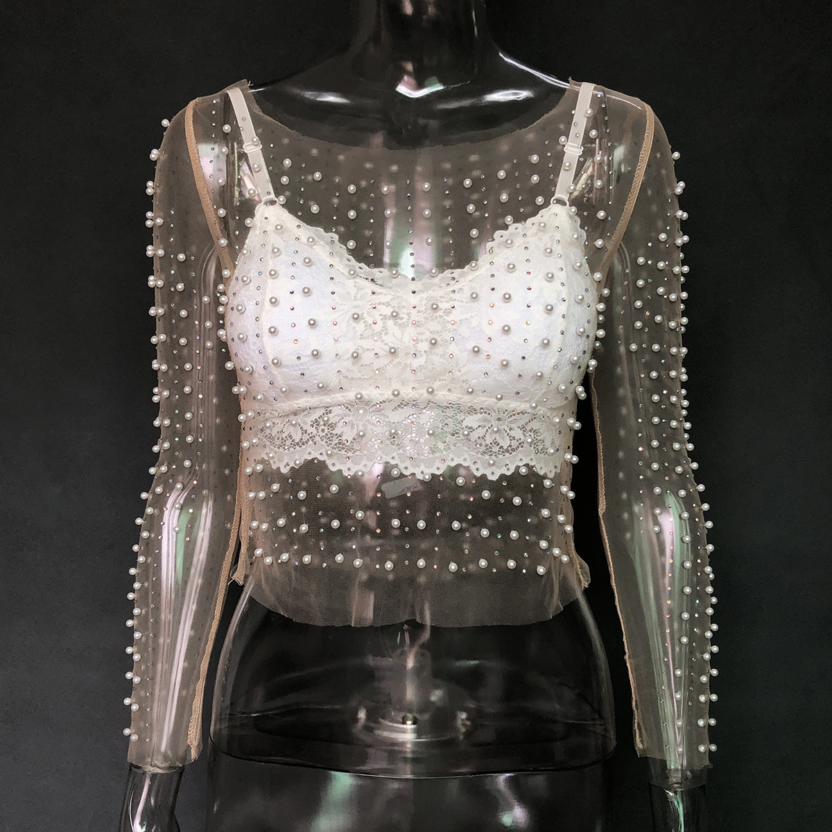 Think 2023 Summer Women Sheer Mesh Tee Tops See Through Sexy Party Wear Half/Full Sleeve Pearl T Shirt Fashion Beading Crop Tops